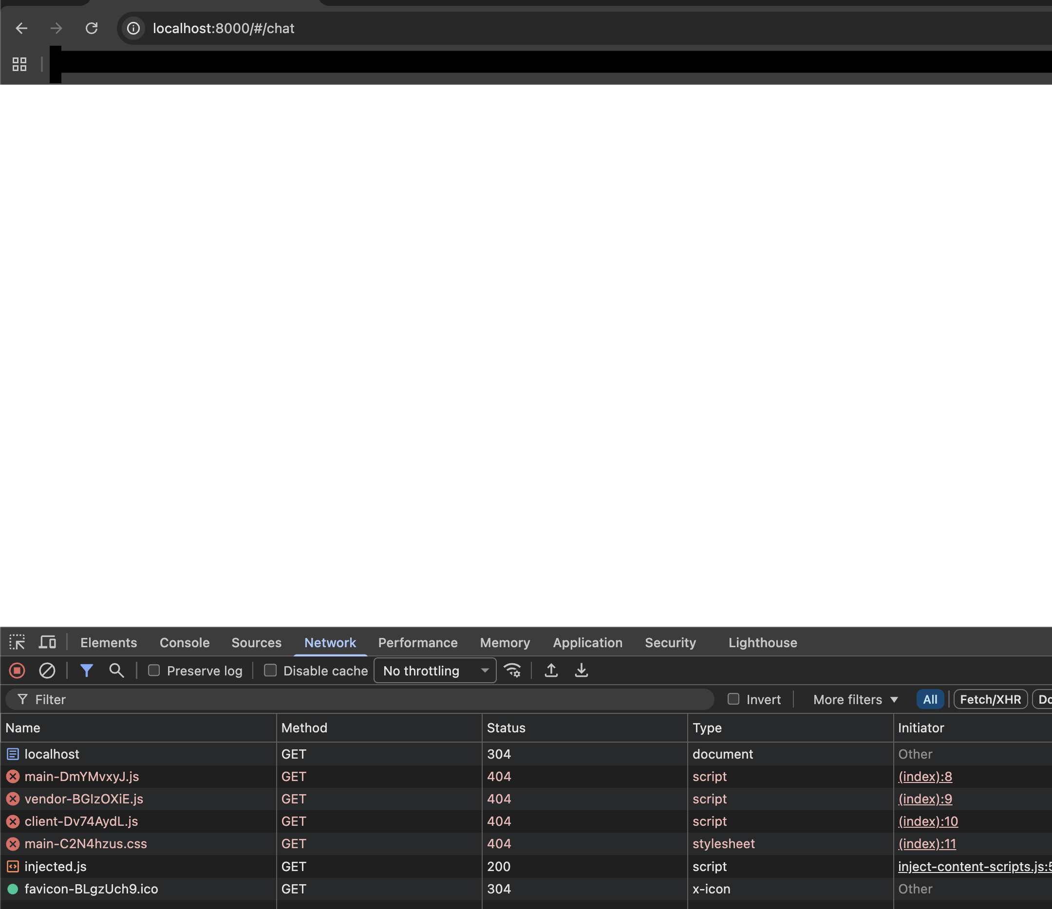 Blank page caused by stale browser cache showing 404 errors for UI assets